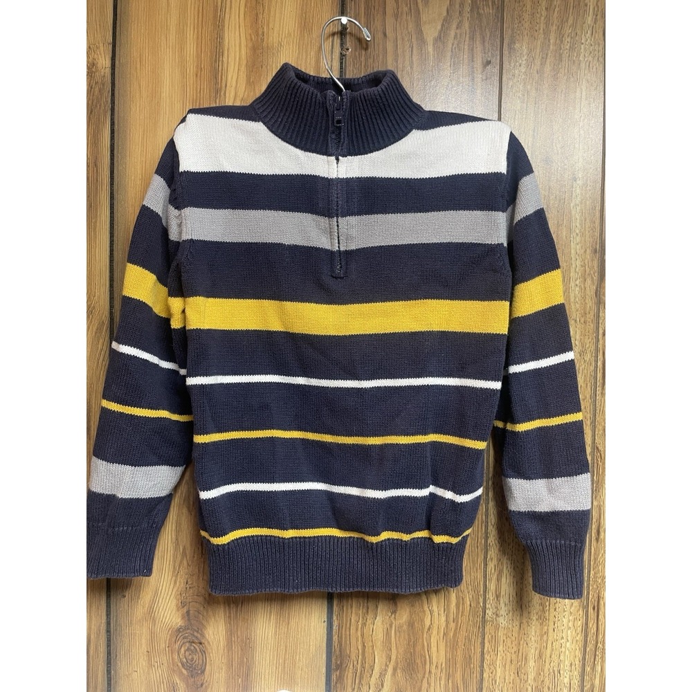 Gymboree Boys Size S 5/6 Cotton Pullover Sweater Blue Yellow Gray White 1/4 Zip